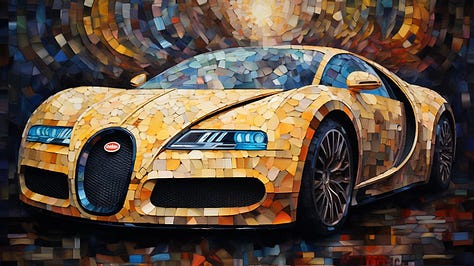 Fractal art of a house, tree, and Bugatti in the style of alcohol ink, mosaic