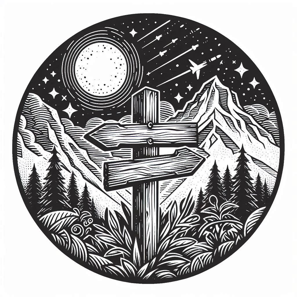 A black and white drawing of a signpost, in front of a mountain range, with the moon in the background