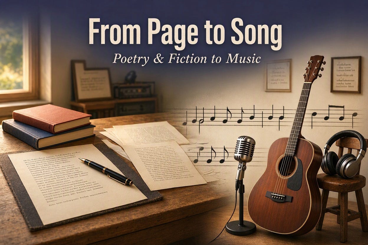 A banner for a move from poery and fiction writing to music and songs. A banner for a move from poery and fiction writing to music and songs.