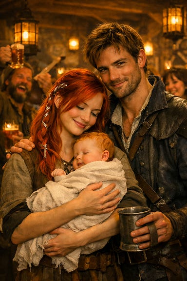 Ireena and Greegan with baby Kolyan inside the Juggling Ogre tavern. Ireena with fire-red hair braided with a single silver ribbon, holding baby Kolyan wrapped in a soft linen blanket. Greegan as a lean, sharp-featured rogue with tousled sandy hair, storm-gray eyes, and charcoal-blue leathers, standing close with a protective, proud expression. Warm lantern light, ale and woodsmoke in the air, lively tavern crowd in the background celebrating joyfully. Ireena and Greegan with baby Kolyan inside the Juggling Ogre tavern. Ireena with fire-red hair braided with a single silver ribbon, holding baby Kolyan wrapped in a soft linen blanket. Greegan as a lean, sharp-featured rogue with tousled sandy hair, storm-gray eyes, and charcoal-blue leathers, standing close with a protective, proud expression. Warm lantern light, ale and woodsmoke in the air, lively tavern crowd in the background celebrating joyfully.