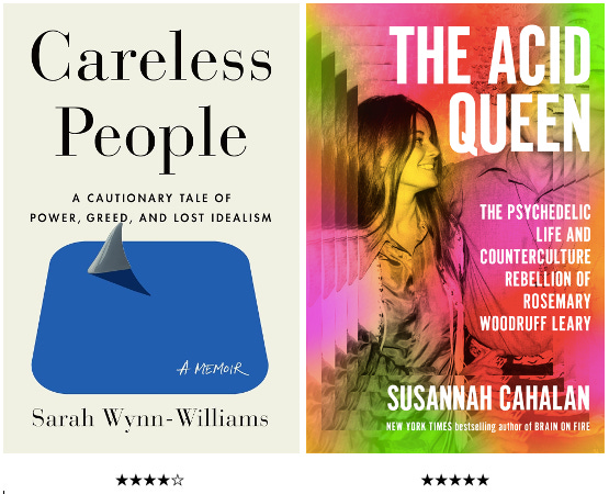 Book covers: Careless People, by Sarah Wynn-Williams, and The Acid Queen, by Susannah Cahalan.