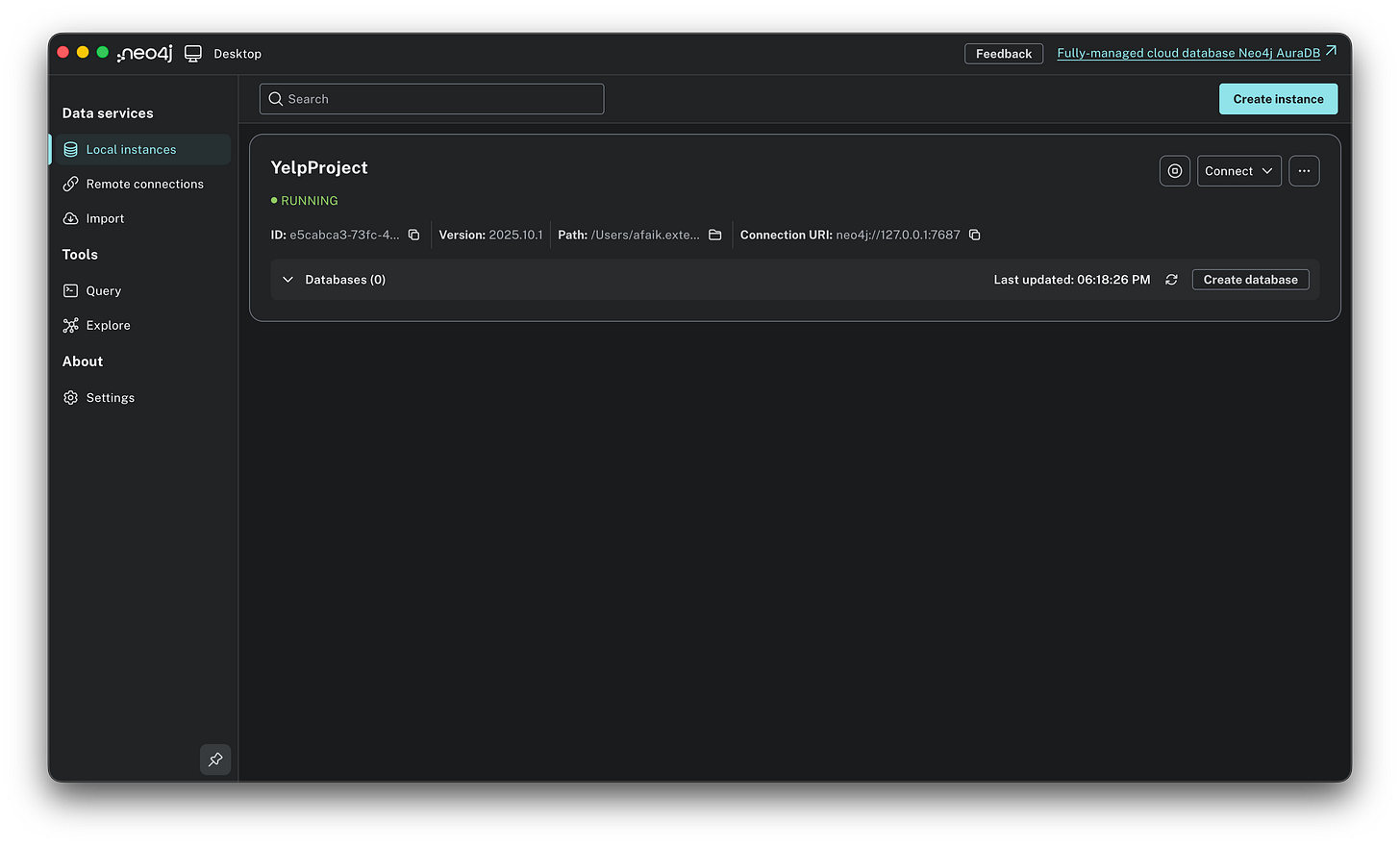 Neo4j Desktop interface showing the "YelpProject" instance with a green "Running" status indicator.