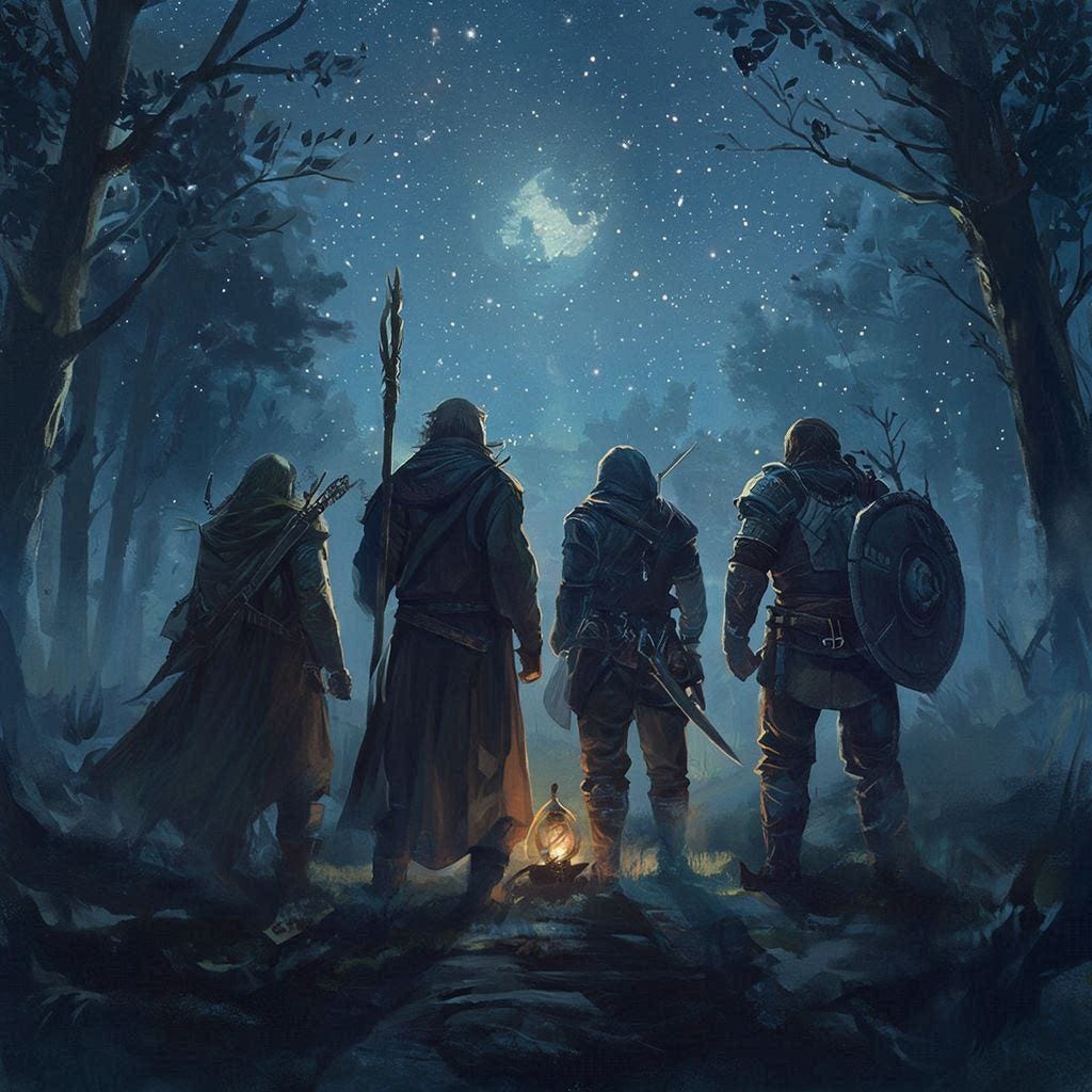 four adventurers back turned in forest at night with constellations of stars in sky, fantasy art four adventurers back turned in forest at night with constellations of stars in sky, fantasy art