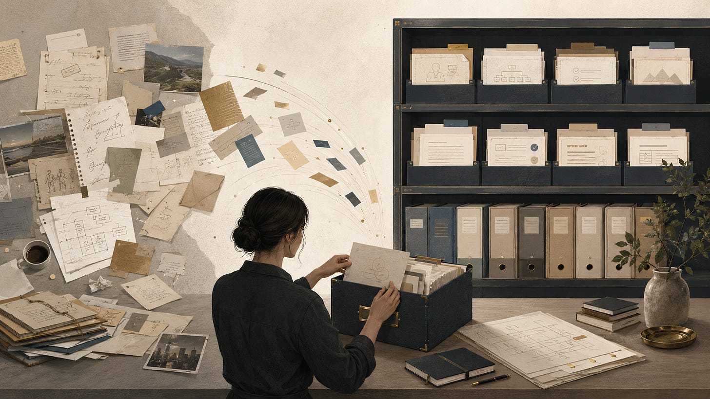 Person pulling a labelled box from an archive wall beside scattered project notes
