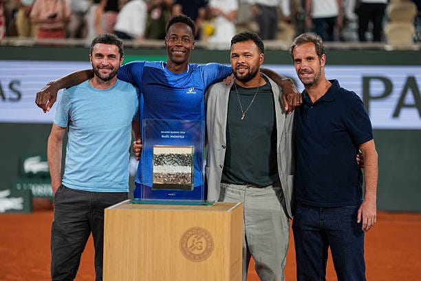 Gael MONFILS of France during his retirement ceremony alongside the Musketeers, former players Gilles SIMON, Jo Wlfried TSONGA and RIchard GASQUET...