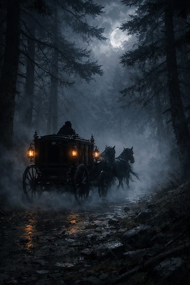 Strahd’s black carriage departing down the Old Svalich Road, drawn by spectral black horses, lanterns glowing faintly, ancient pines arching overhead, thick Barovian mist swallowing the path, gothic moonlight