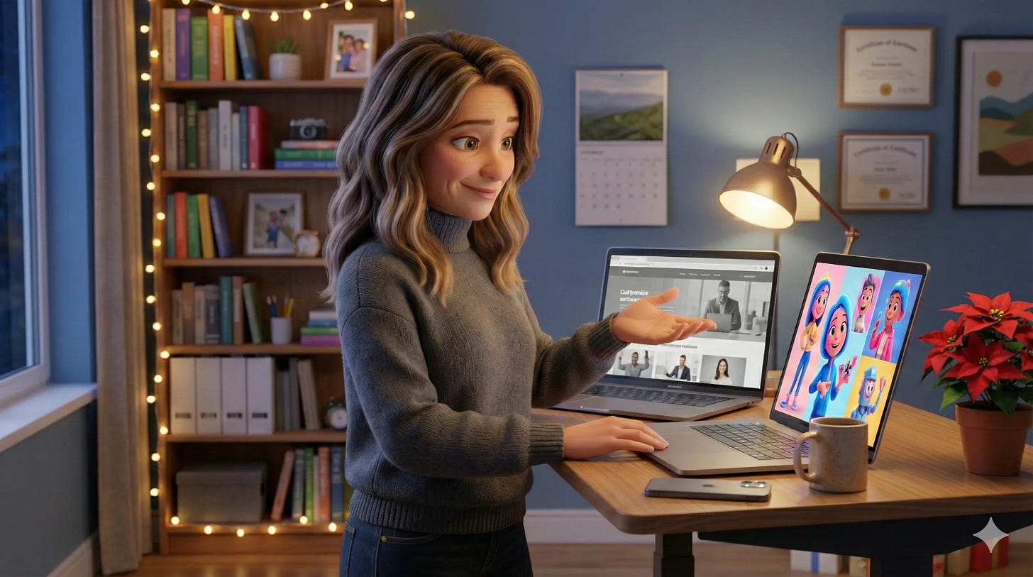 Woman at standing desk comparing corporate website to colorful Pixar-style brand on two laptops in cozy evening office Woman at standing desk comparing corporate website to colorful Pixar-style brand on two laptops in cozy evening office