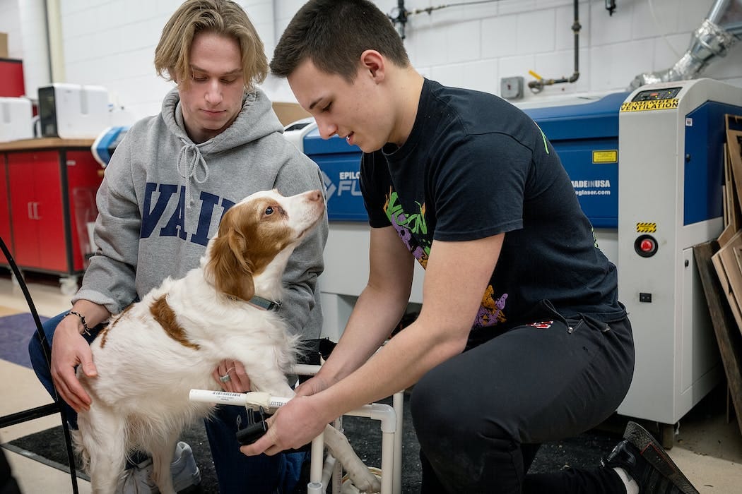 Stillwater High School juniors Sam Young, left, and Sam Rush, fit “Sadie” with the prosthetic design they created.