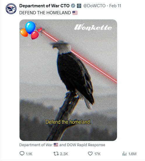 Dumb 2/11/26 Defense Dept tweet showing a bald eagle perched in the foreground, with a photoshopped or AI image of a laser shooting down drones behind it. We photoshopped it further to replace the drones with colorful party balloons.