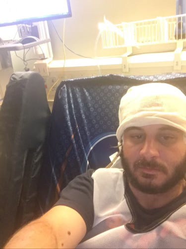Two images of CT scans showing tumors, and a third image of JP in a hospital bed.