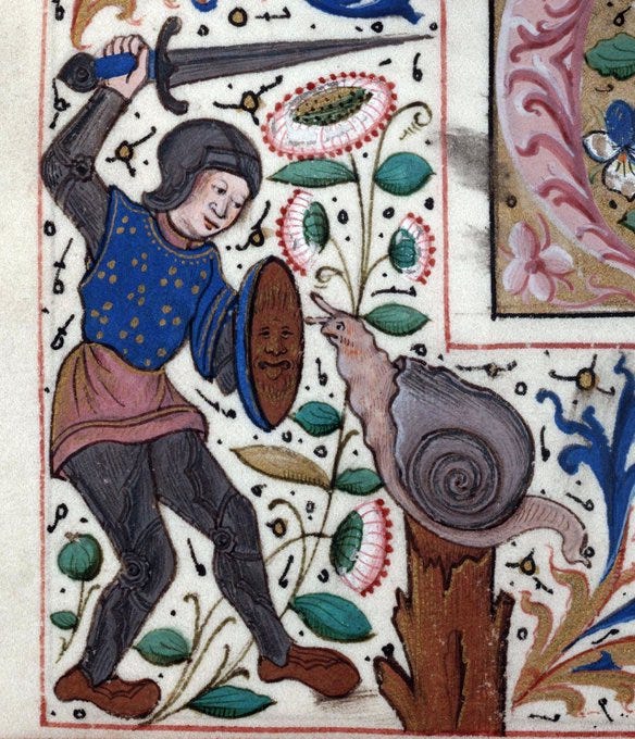 un dibujo medieval de un caballero con armadura levantando una espada para golpear a un caracol grande. En la otra mano sostiene un escudo con un rostro