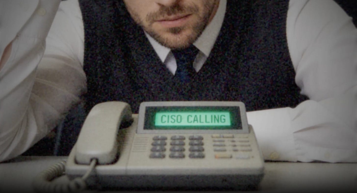 Scene from got context? campaign video where the CISO CALLING phone rings and answers.