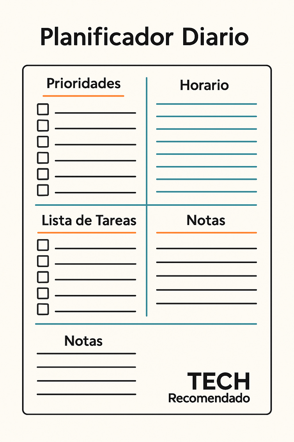 Persona planificando su día con una plantilla diaria en un escritorio, ilustración estilo flat con logo de TechRecomendado