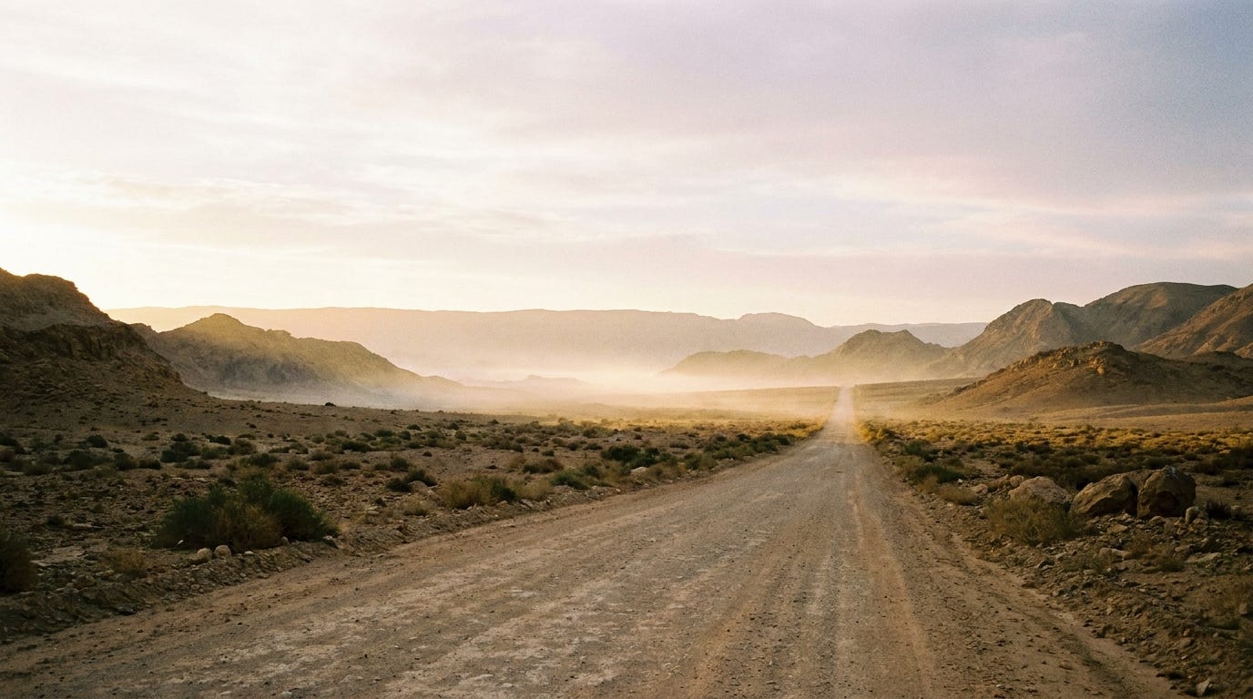 Sunrise breaking over an open ancient landscape, a long straight road running toward the horizon under a brightening sky Sunrise breaking over an open ancient landscape, a long straight road running toward the horizon under a brightening sky