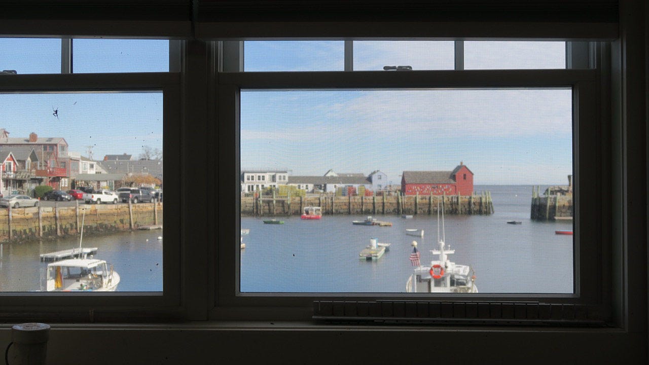 A view of a harbor from a window

Description automatically generated
