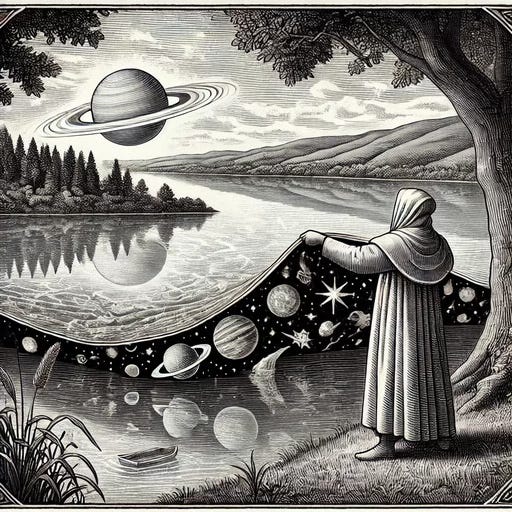 GPT-4o: This black-and-white illustration, done in a woodcut style, depicts a cloaked figure standing by a tranquil lake, pulling back the surface of the water like a curtain. Beneath the lifted water, a hidden cosmic scene is revealed, filled with planets, stars, and galaxies, including a prominent Saturn-like planet. The natural landscape in the background features trees, rolling hills, and distant mountains under a calm sky, with the large planet Saturn also visible above the horizon. The scene suggests the unveiling of a hidden universe beneath the ordinary, blending the mundane with the mystical. The image is framed with intricate decorative borders, reinforcing its vintage and symbolic nature.