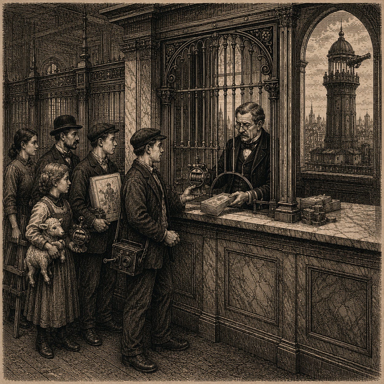 Wood-engraving editorial illustration in the Thomas Nast Harper's Weekly style for Attention Capital's essay YouTube Already Chose Not to Be Hollywood, Section IV: The Receipts. At a grand bank's teller window, young makers carrying cameras, drawings, and toys present small brass tally counters like passbooks and receive stacks of banknotes, while the counting tower where their audiences were tallied stands framed in the window behind them. The image argues that every creator breakout, Iron Lung, Obsession, Backrooms, Cocomelon, Ms. Rachel, was counted on YouTube and paid inside the traditional system. Keywords: creator economy deals, Backrooms A24, Iron Lung Markiplier, Cocomelon Netflix, audience as collateral.
