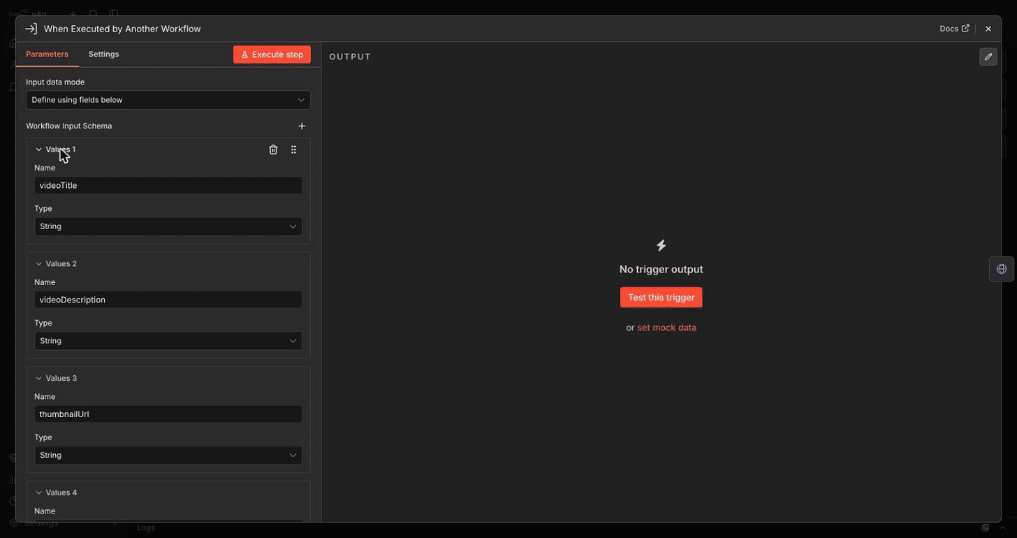 The Execute Sub-workflow Trigger on the deployed YouTube Worker, Input data mode set to Define using fields below, scrolling through the five declared fields: videoTitle String, videoDescription String, thumbnailUrl String, tags Array, publishTime String
