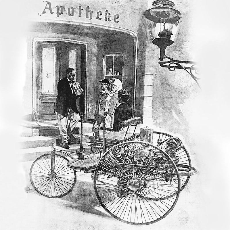 Bertha Benz and her sons Eugen and Richard during their long-distance journey in August 1888 with the Benz Patent Motor Car.