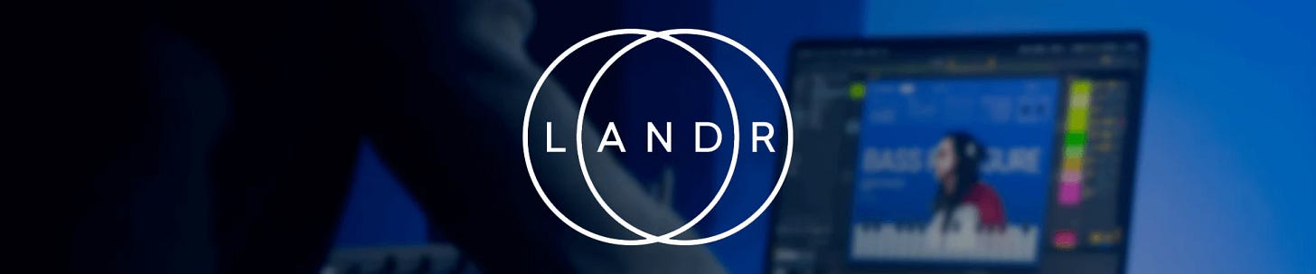 LANDR logo centered over a dark blue background featuring a dimly lit music production studio with a laptop displaying a digital audio workstation (DAW).