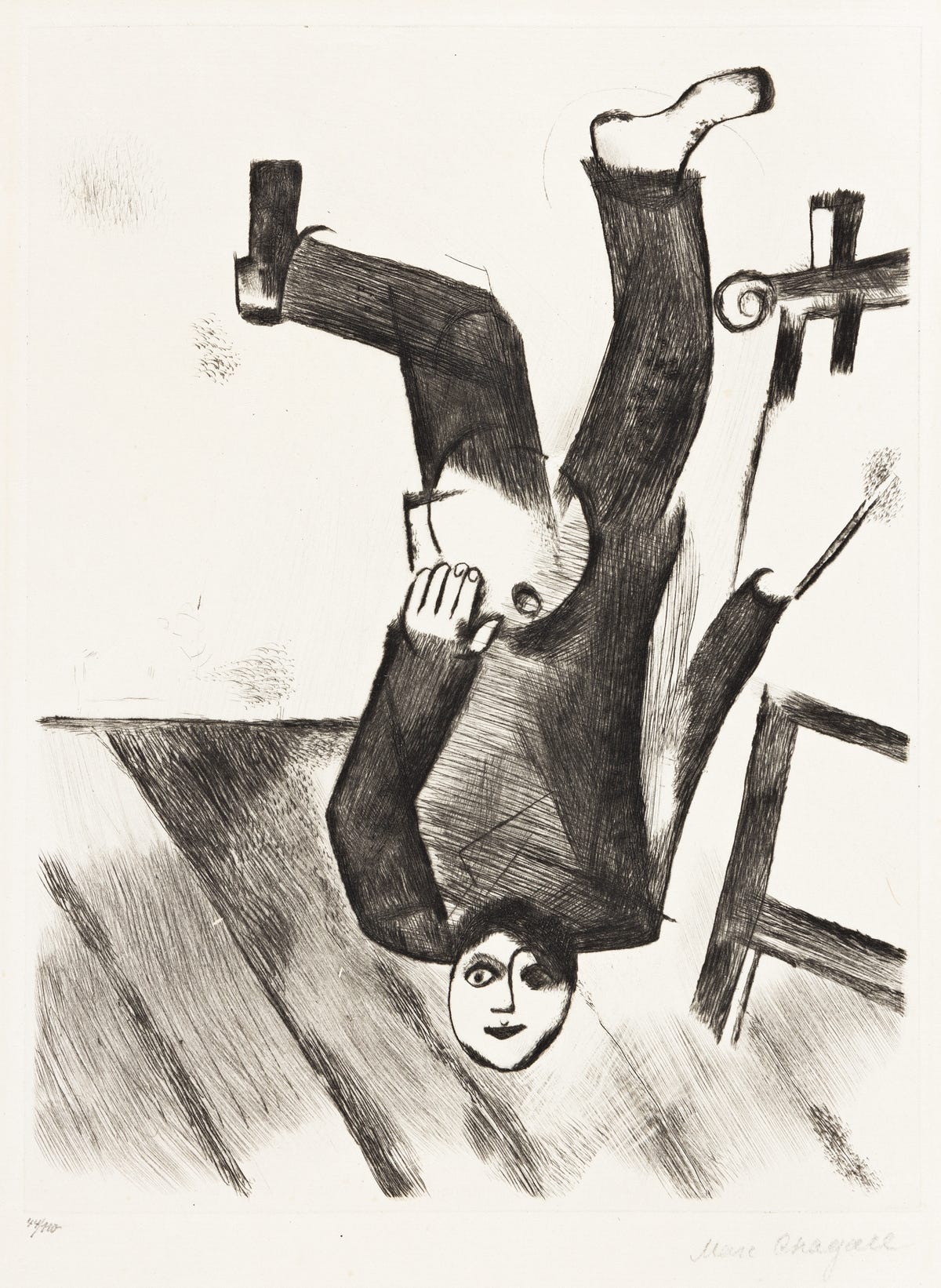 Marc Chagall lithograph depicting an artist at an easel surrounded by symbolic, floating figures, blending personal reflection with surreal and mystical elements.