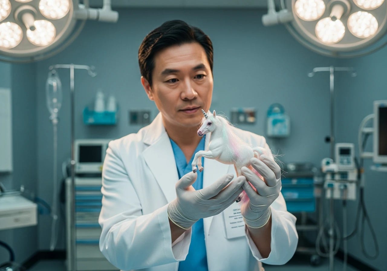 doctor with white surgical gloves holding a magical mini unicorn 