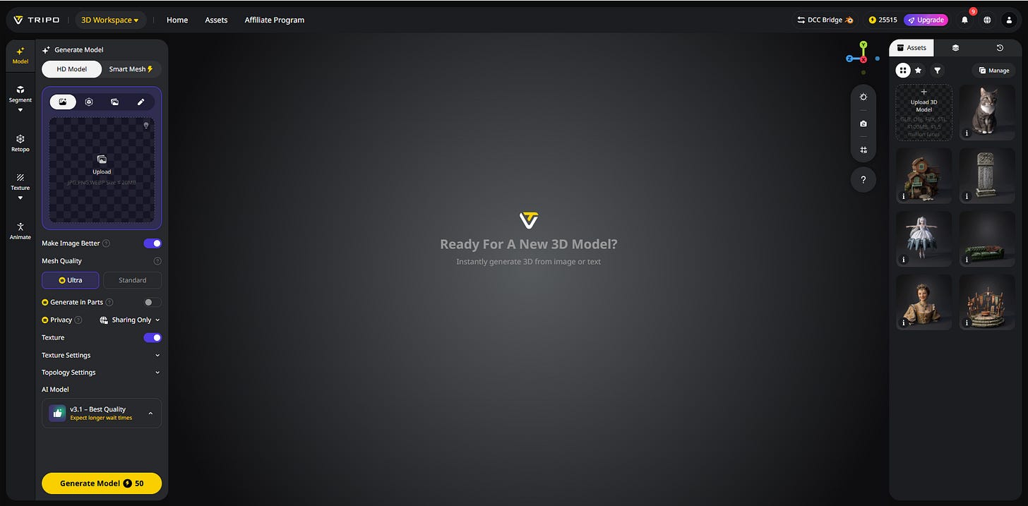 Tripo Studio workspace with empty upload area, "Ready For A New 3D Model?" prompt in center, and sample 3D asset thumbnails on the right sidebar