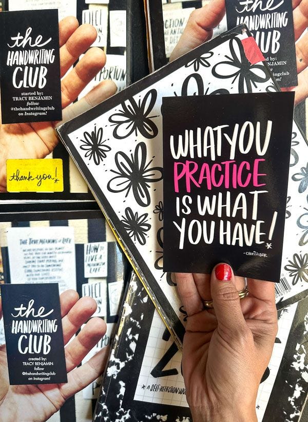 This may contain: someone holding up some cards with the words what you practice is what you have on them