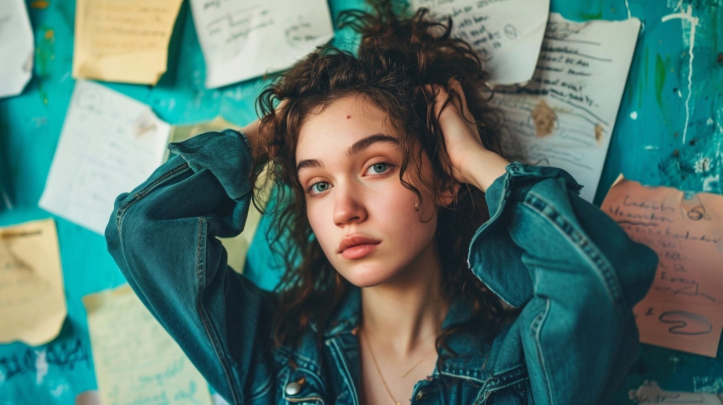A photo-realistic image of a young woman standing among her failed New Year’s resolutions, looking dejected A photo-realistic image of a young woman standing among her failed New Year’s resolutions, looking dejected