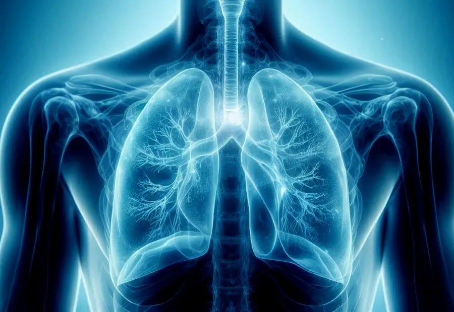 Illuminated in blue light, human body emphasizes lungs for importance of breathing.