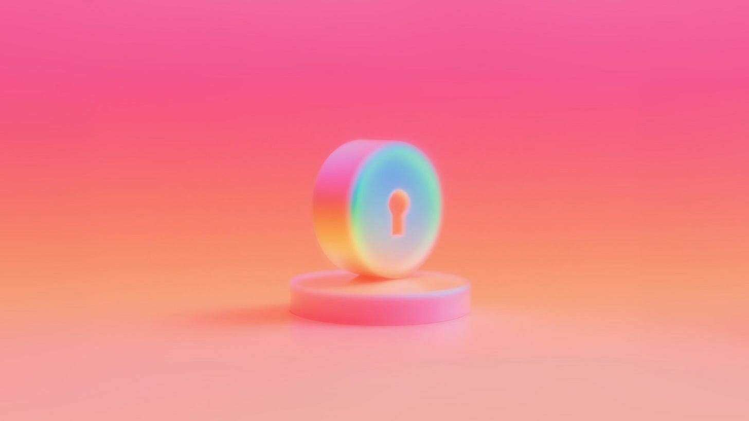 Iridescent padlock icon on a circular pedestal, on a vibrant pink and orange gradient