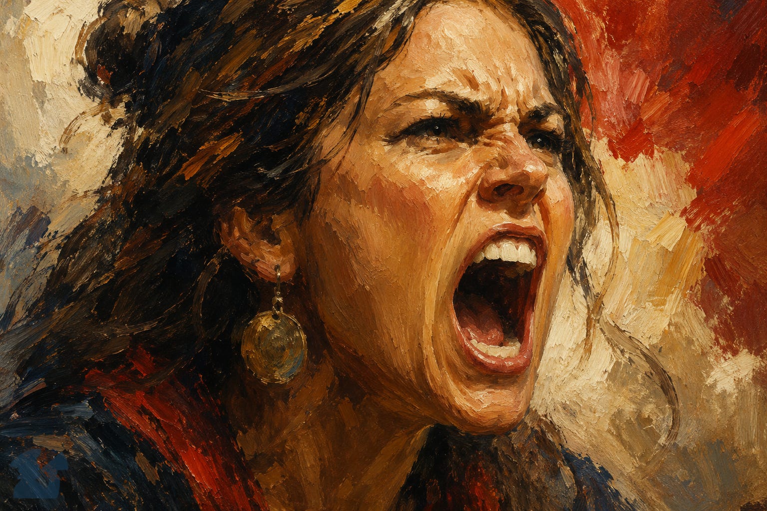 Close-up oil painting of a woman screaming in anger, her hair swept back against a textured red, cream, and blue background. Close-up oil painting of a woman screaming in anger, her hair swept back against a textured red, cream, and blue background.