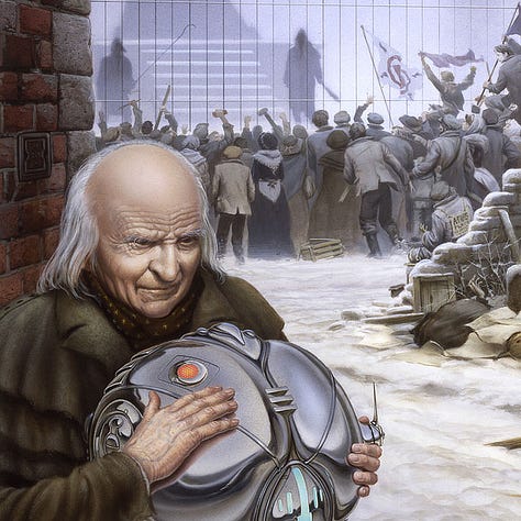 LEFT: Background figure detail from ELISTE, immediate left foreground, featuring a balding old man with a fringe of white hair clutching a large chrome-covered device, a sci-fi element that contrasts the urban squalor. CENTER: Background detail from ELISTE featuring the menacing silhouette of the sentient execution device. The shape of it suggests a human figure in robes with malevolent sentience with white dots for eyes coupled with the peak and fringe of a headdress evoking the shape of a head while buttresses at each side could be arms. A crowd swept up with bloodlust gathers to watch, held back by an iron fence. RIGHT: Figure detail from ELISTE featuring a pretty young woman with disheveled white hair and tattered skirts emerging through a butterfly gate that is falling off its hinges.