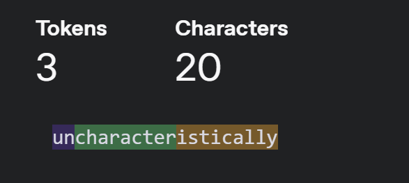 Screenshot of OpenAI's tokenizer tool showing the word "uncharacteristically" broken into 3 tokens and 20 characters