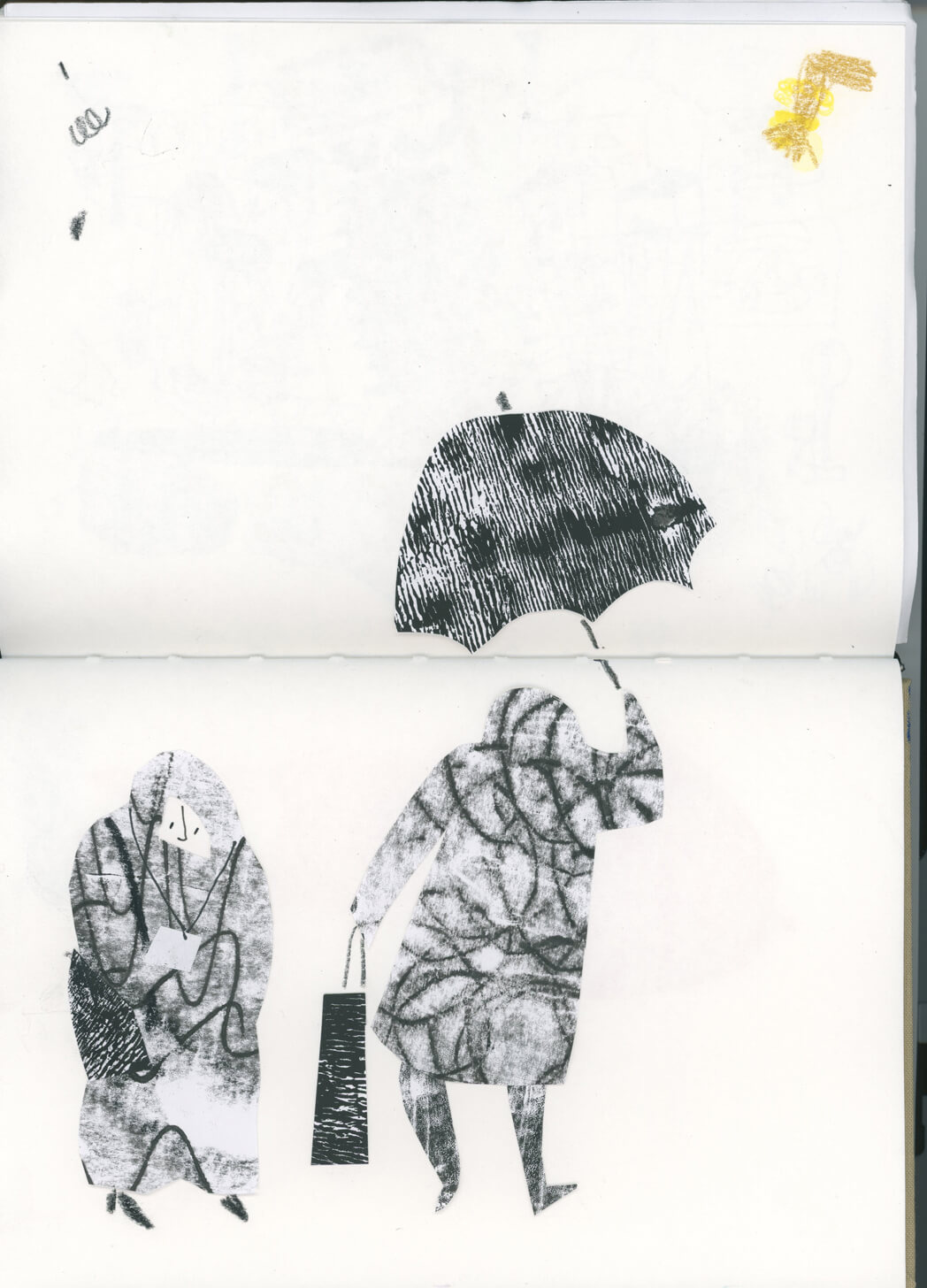 Open sketchbook showing two collage figures in raincoats, one holding an umbrella, by Nanette Regan