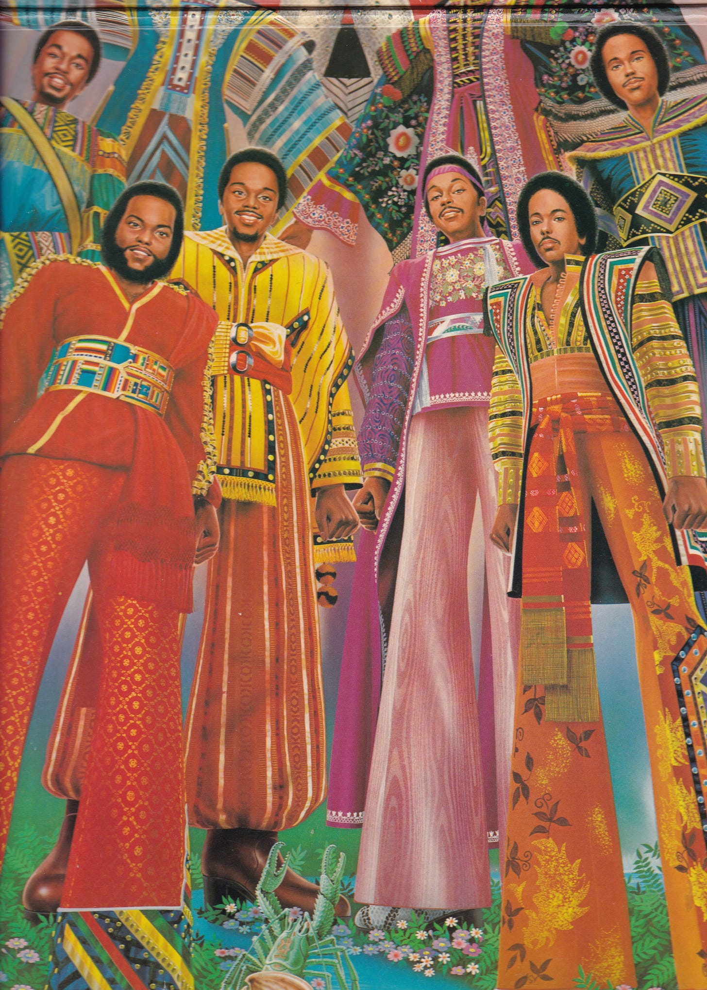the gatefold image for Earth, Wind, and Fire's I Am album, featuring the band members illustrated in colorful Afrocentric garments.
