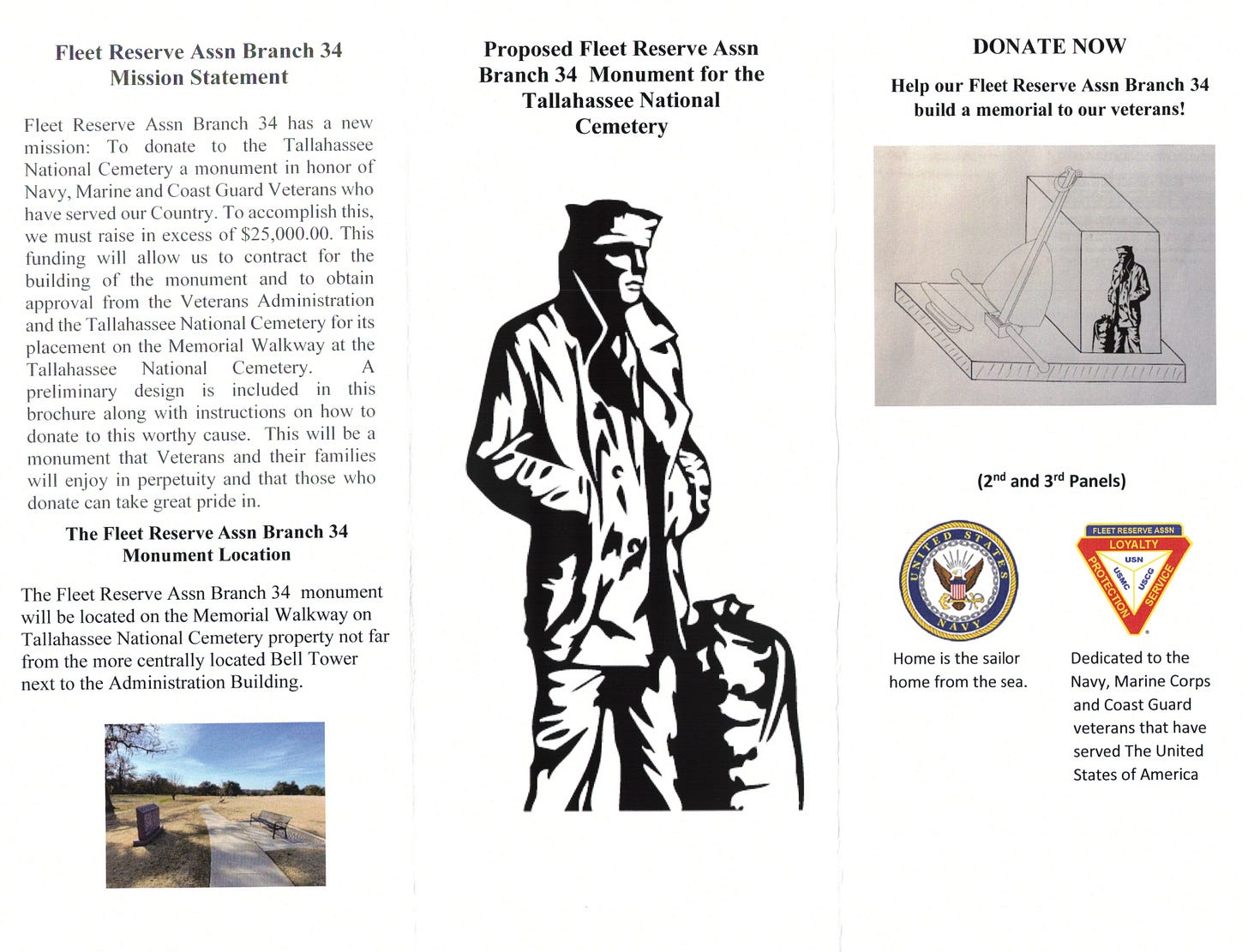 Tri-fold brochure soliciting donations for Fleet Reserve Assn Branch 34 to build a veterans memorial at Tallahassee National Cemetery, featuring a sailor silhouette and monument sketch. Tri-fold brochure soliciting donations for Fleet Reserve Assn Branch 34 to build a veterans memorial at Tallahassee National Cemetery, featuring a sailor silhouette and monument sketch.