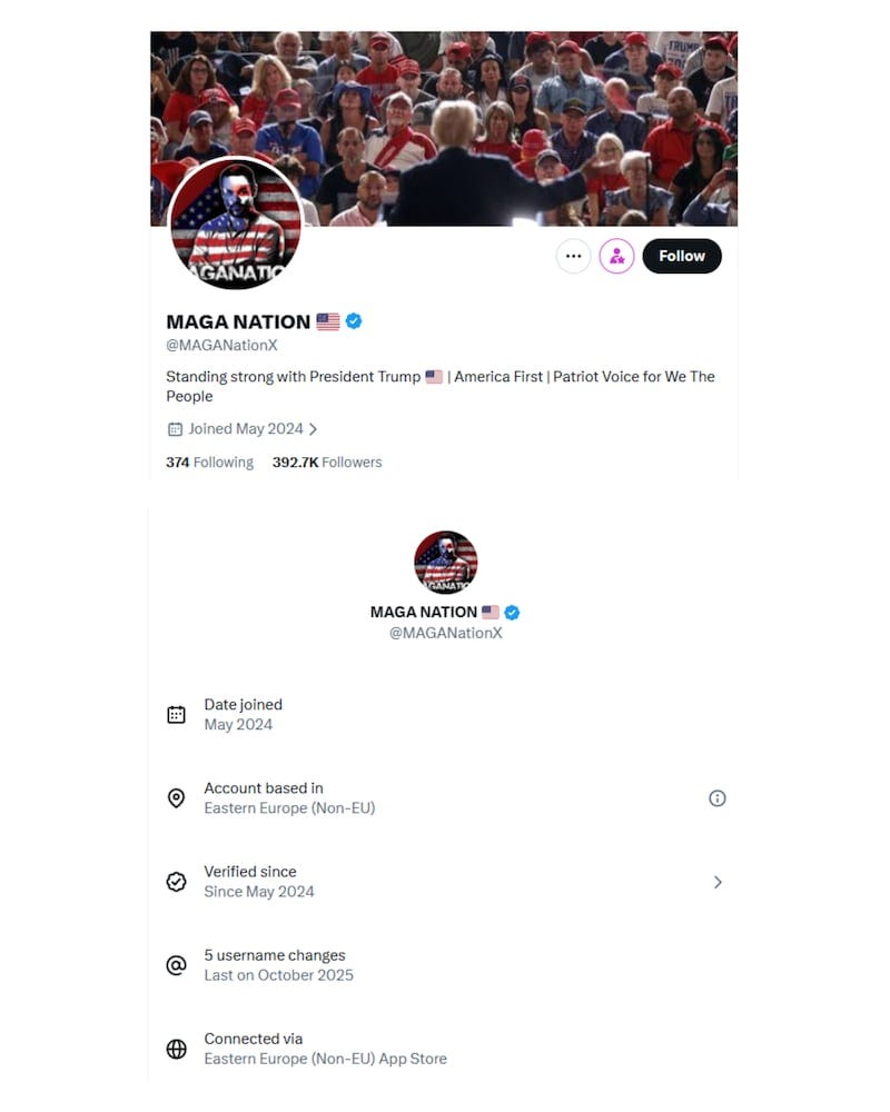 The X account MAGANationX with account information showing it is based in Eastern Europe. The X account MAGANationX with account information showing it is based in Eastern Europe.