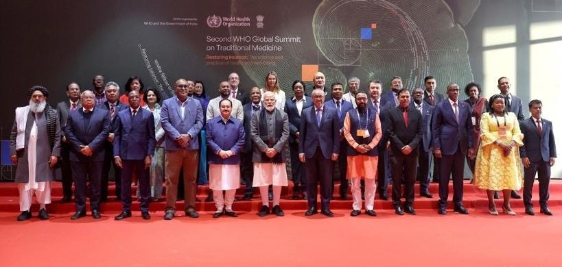 Group of Health Ministers, WHO Director-General, Dr Tedros and India's Prime Minister, Modi pose for a family photo at second WHO Global Summit on Traditional Medicine Group of Health Ministers, WHO Director-General, Dr Tedros and India's Prime Minister, Modi pose for a family photo at second WHO Global Summit on Traditional Medicine