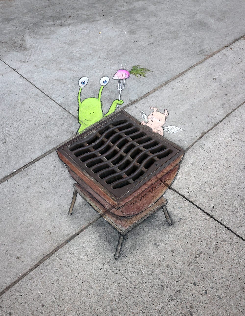sidewalk chalk drawing of a stalk-eyed green monster and a flying pig holding a turnip over a BBQ grill composed of a metal sewer grate