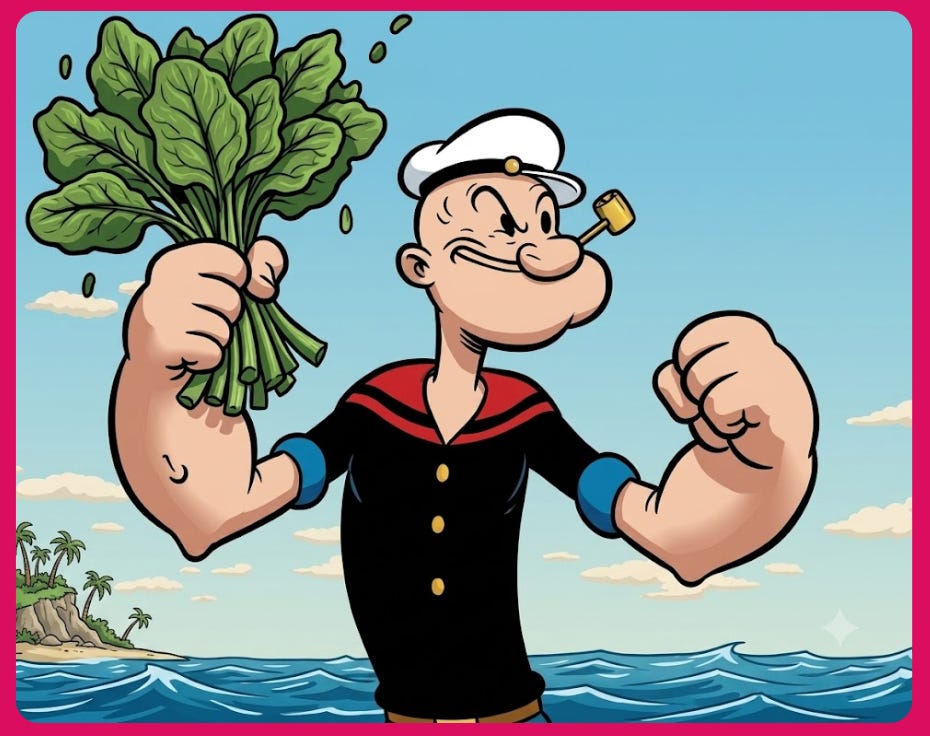 Popeye qui brandit une botte d’épinards