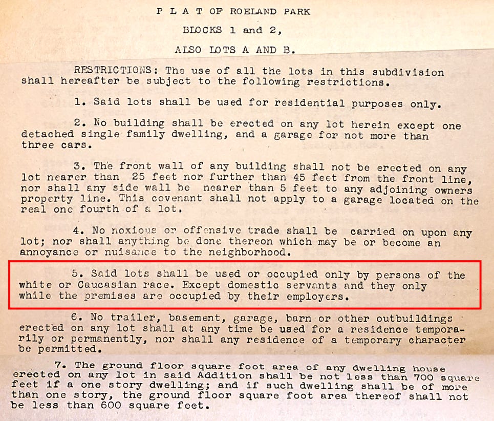 This property deed abstract contains a list of restrictions for the property’s use, including a racially restrictive covenant outlined in red. Homes in Roeland Park, built by Charles E. Vawter, were built to meet FHA requirements. Johnson County Museum.
