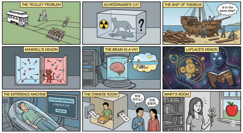 A 3×3 grid illustrating nine thought experiments: The Trolley Problem, Schrödinger’s Cat, The Ship of Theseus, Maxwell’s Demon, The Brain in a Vat, Laplace’s Demon, The Experience Machine, The Chinese Room, and Mary’s Room. A 3×3 grid illustrating nine thought experiments: The Trolley Problem, Schrödinger’s Cat, The Ship of Theseus, Maxwell’s Demon, The Brain in a Vat, Laplace’s Demon, The Experience Machine, The Chinese Room, and Mary’s Room.