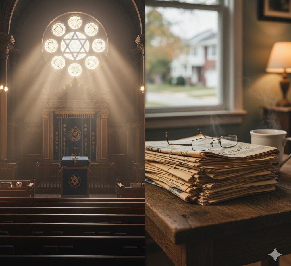 A split image showing empty wooden pews in a synagogue on one side and a stack of old newspapers on the other, representing the decline of religion and journalism. A split image showing empty wooden pews in a synagogue on one side and a stack of old newspapers on the other, representing the decline of religion and journalism.