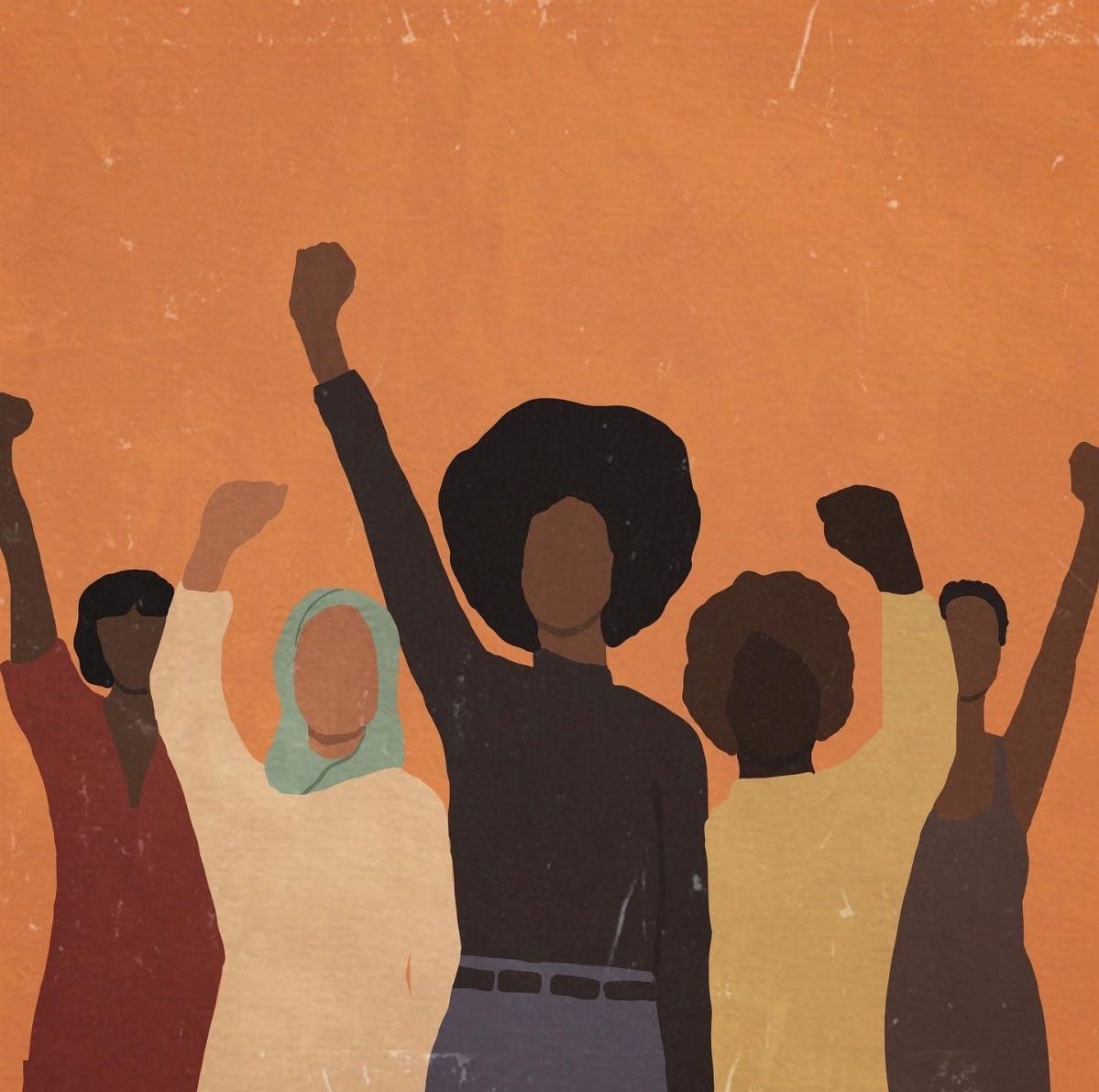 A painting style image with an orange background. Five black and brown figures raise a fist in solidarity. The figures do not have any defining facial features suggesting anonymity and unity amongst the people.