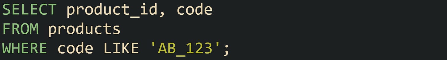 SELECT product_id, code FROM products WHERE code LIKE 'AB_123';