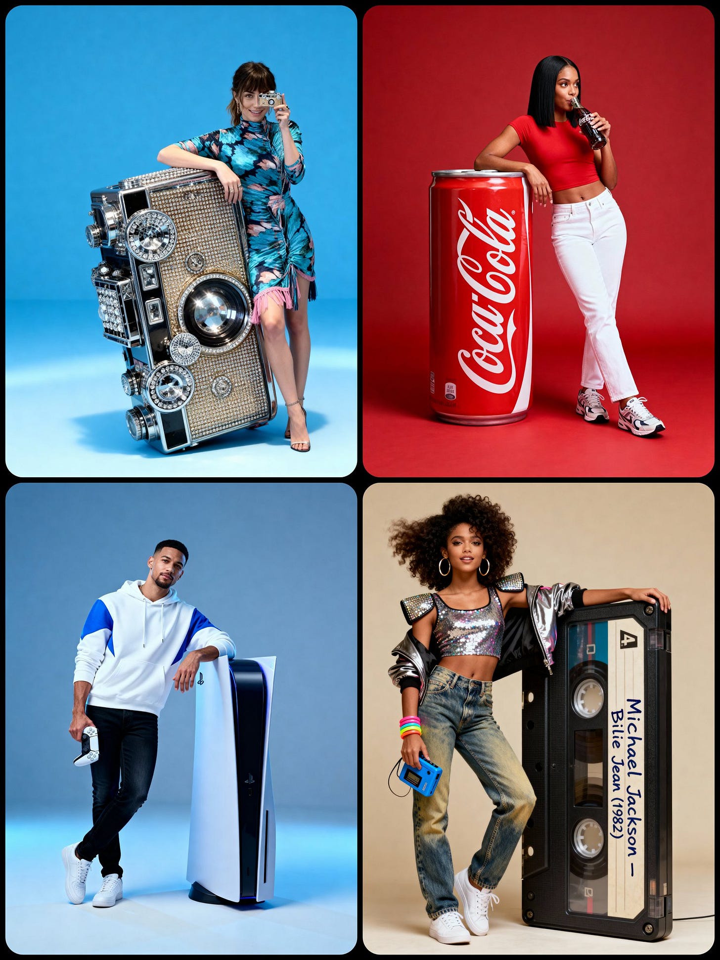 A hyper-realistic full-body portrait of [CHARACTER_OUTFIT_AND_STYLE]. Their pose is [POSE_STYLE].  

Beside them stands a vertical oversized [OBJECT], placed firmly on the ground, slightly tilted for a stylish aesthetic. The object is approximately at arm-height, allowing them to casually lean one arm on it for support. In their other hand, they hold a [SECONDARY_OBJECT], [SECONDARY_ACTION].  

Minimal [COLOR] studio background with soft cinematic lighting.  
Ultra-detailed textures on clothing, skin, hair, object surfaces. Composition clean, minimal, modern, and visually striking.