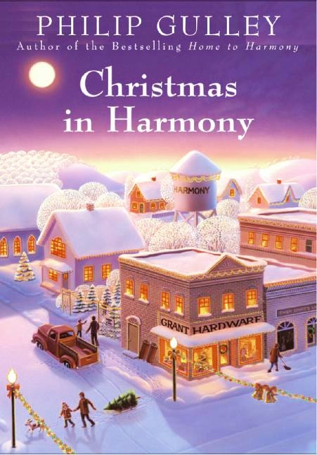 Illustrated book cover shows a purplish sunset over a small town covered in snow, with warm lights glowing from the buildings' windows