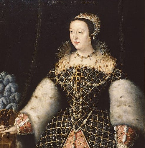 A queen dressed on the left in colorful clothes and on the right in a black gown with a white collar