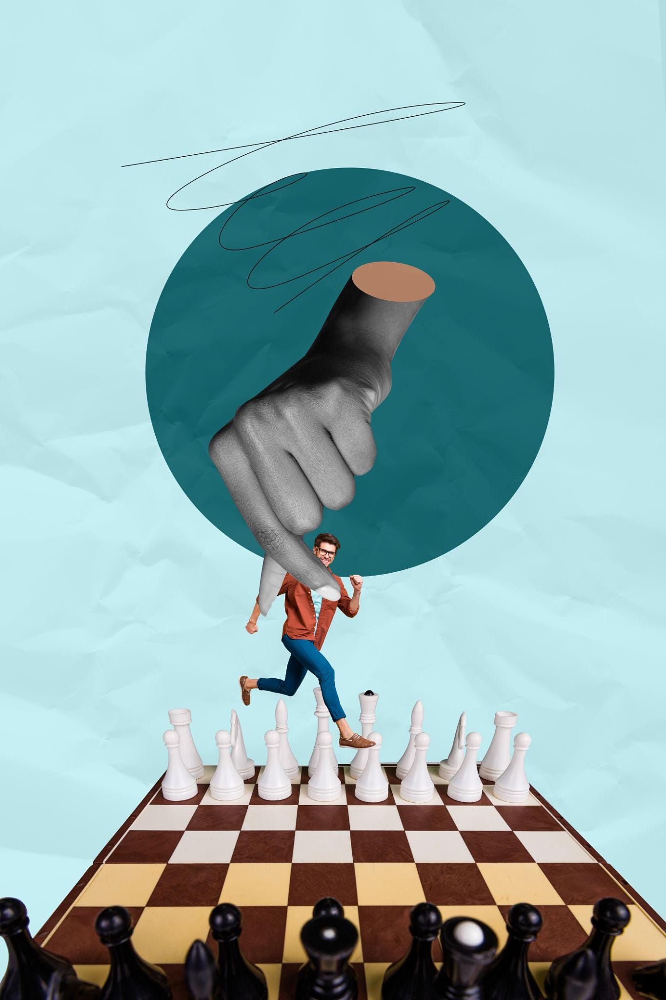 Creative collage with chessboard giant hand joyful person people symbolizing decision making planning and strategy